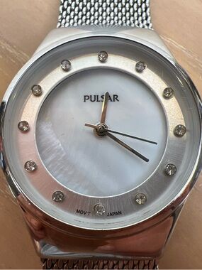 Pulsar Seiko Silver Mesh Watch with Mother-of-Pearl Dial and Swarovski crystals